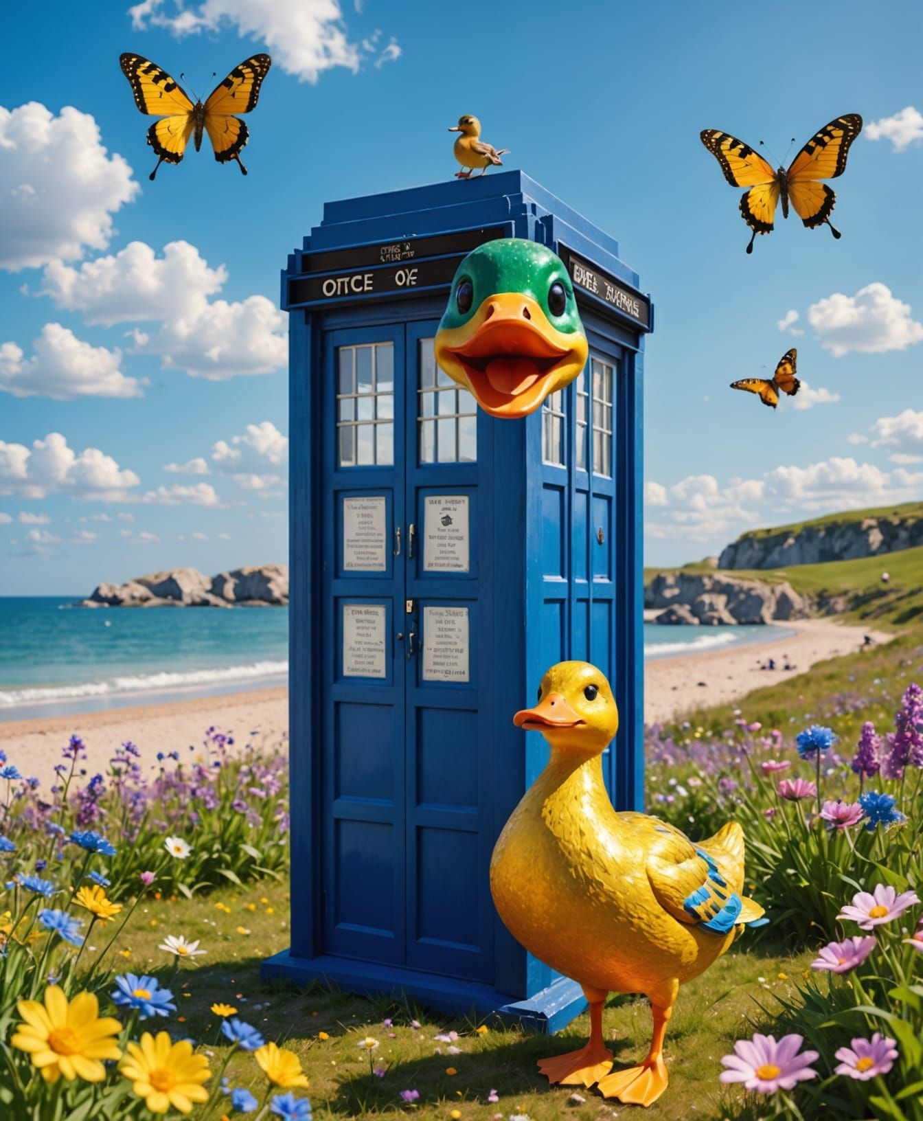 Tardis and Duck: 3D Beach Holiday in Flower Meadow