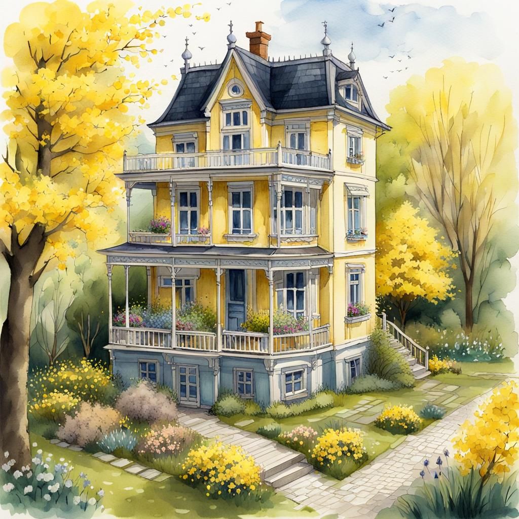 Charming Victorian House with Garden in Watercolor