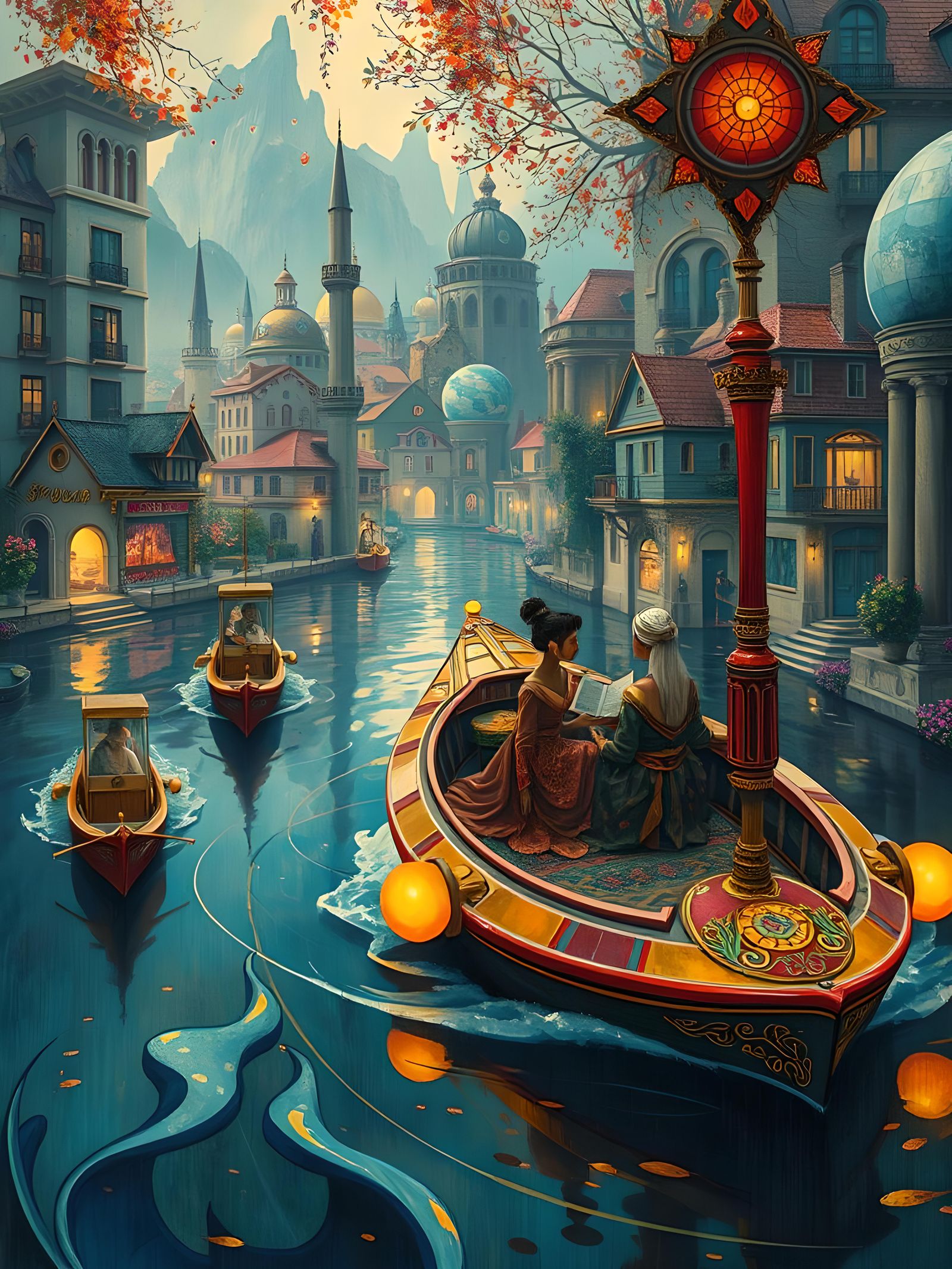 In their art deco boat, Kylantha and Jastira drifted through an art deco village