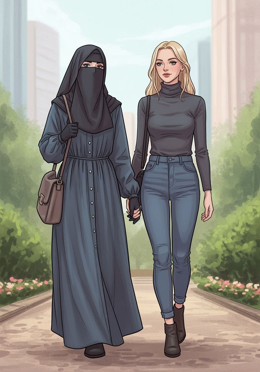 Niqabi Woman and Friend in Botanic Garden, Graphic Novel Sty...
