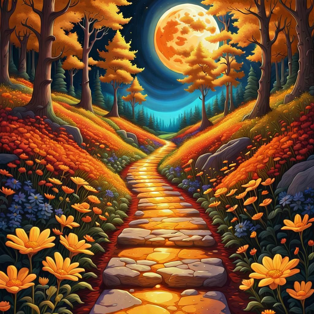 Golden Path Through Psychedelic Moonlit Forest