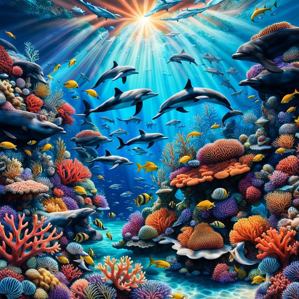 Vibrant Coral Reef Scene with Dolphins, 3D Digital Art
