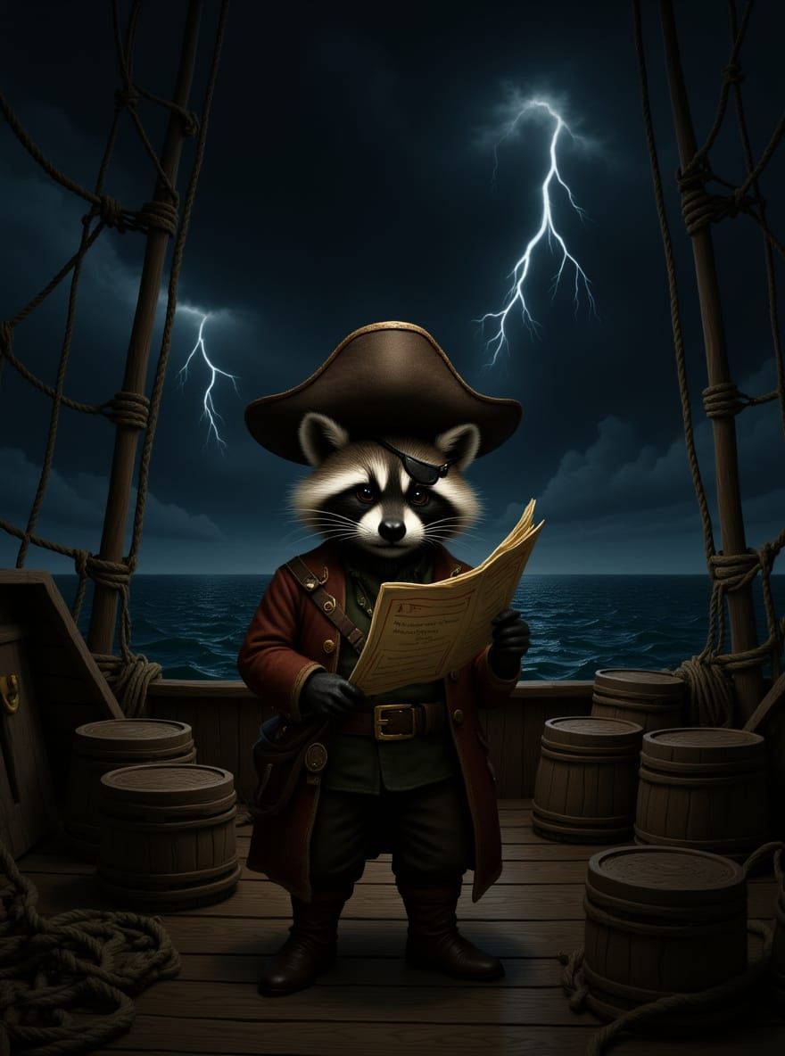 Raccoon Pirate on Stormy Seas in Detailed Digital Art