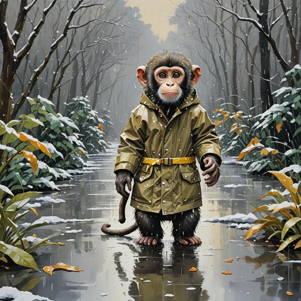 Monkey Seeks Shelter from First Winter Rain