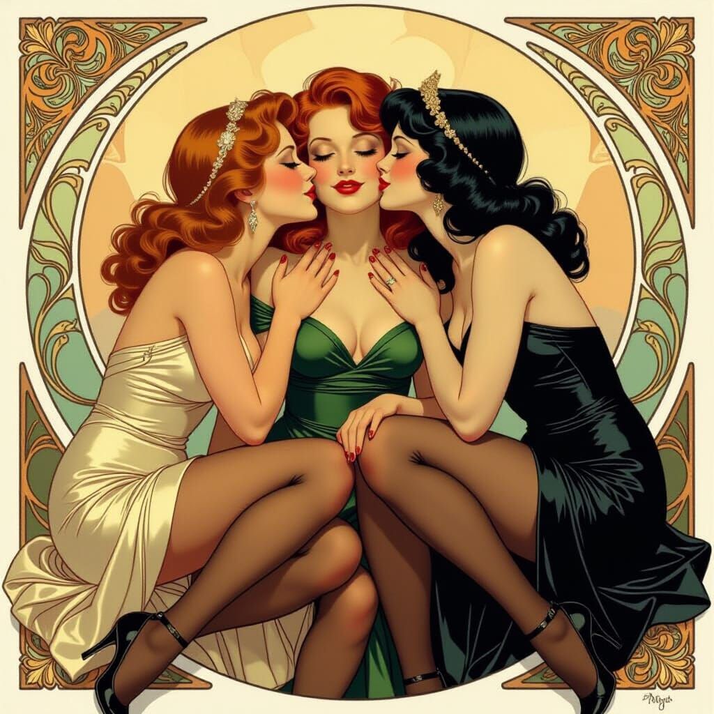 Elegant Women Kissing in Art Nouveau Style