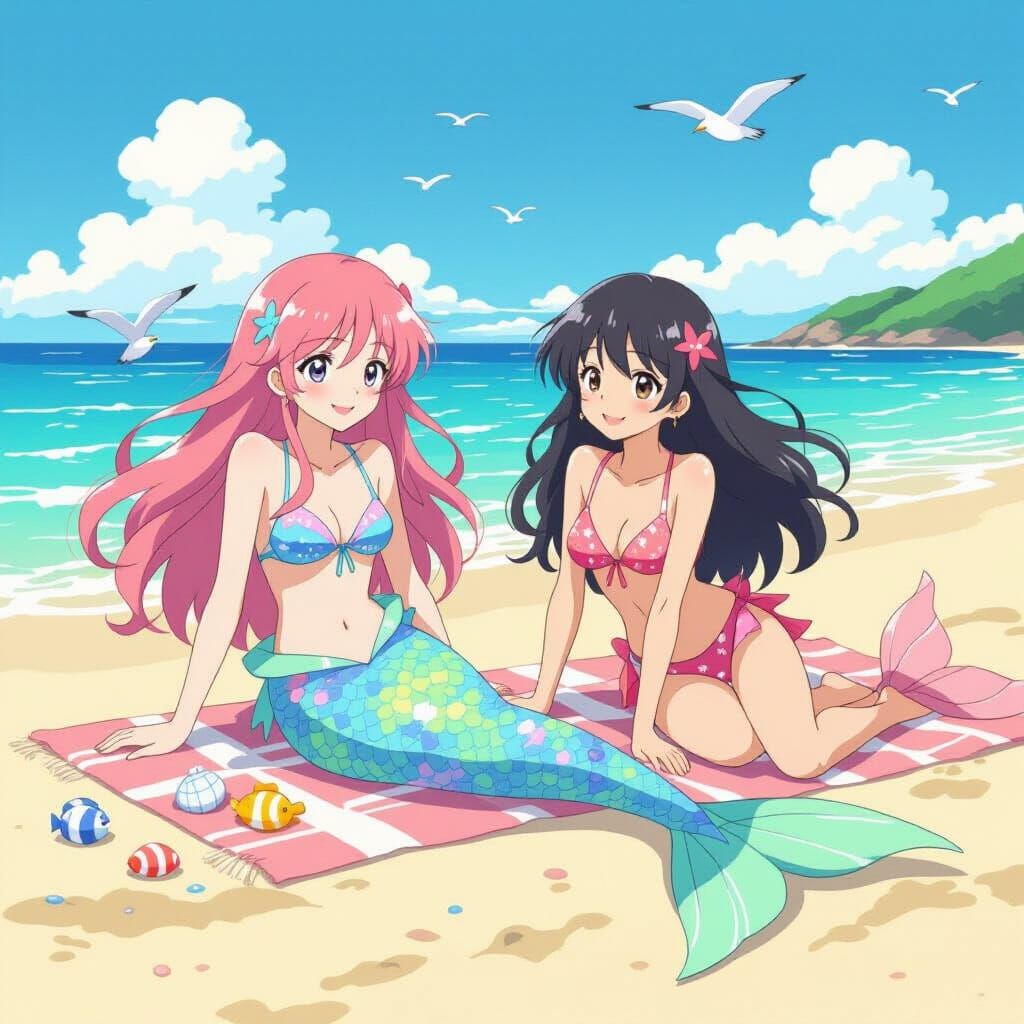 Mermaids with Fish Tails on a Sunny Beach