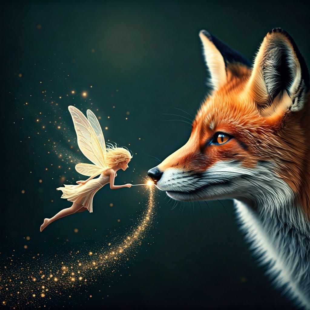 Luminescent Fairy Touches Red Fox's Nose in Whimsical Fantas...