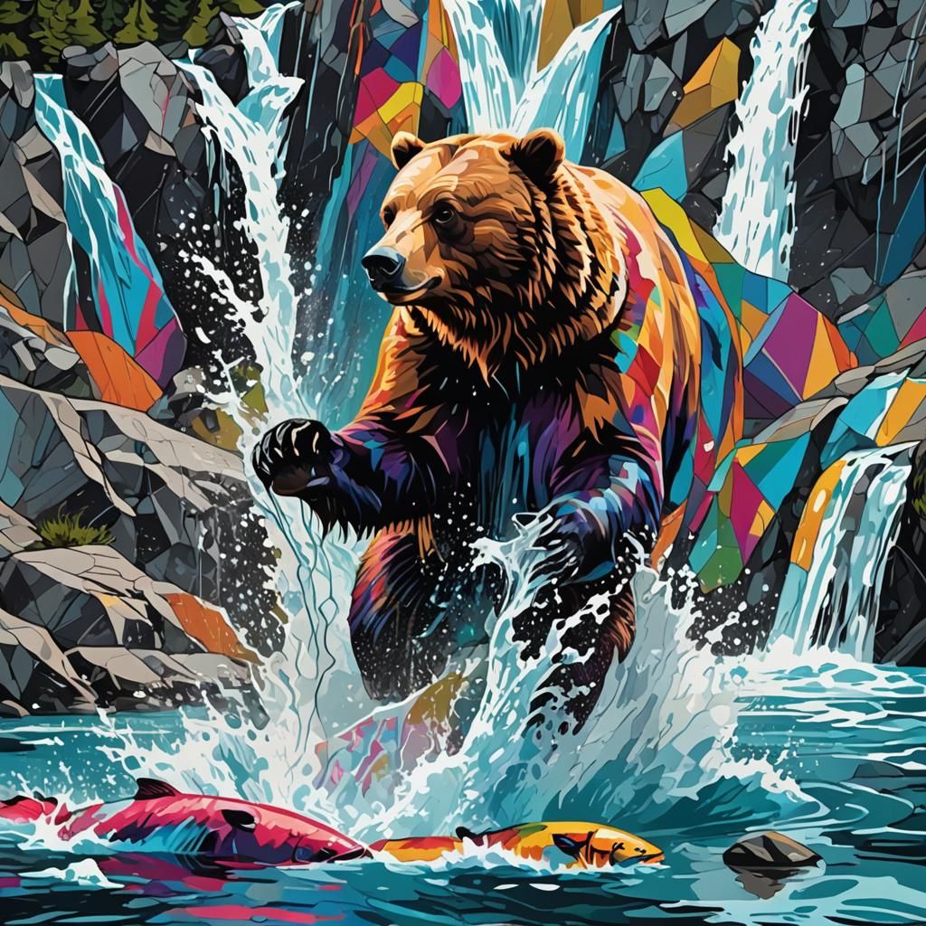 Bear Catching Salmon in Digital Pop Art Style