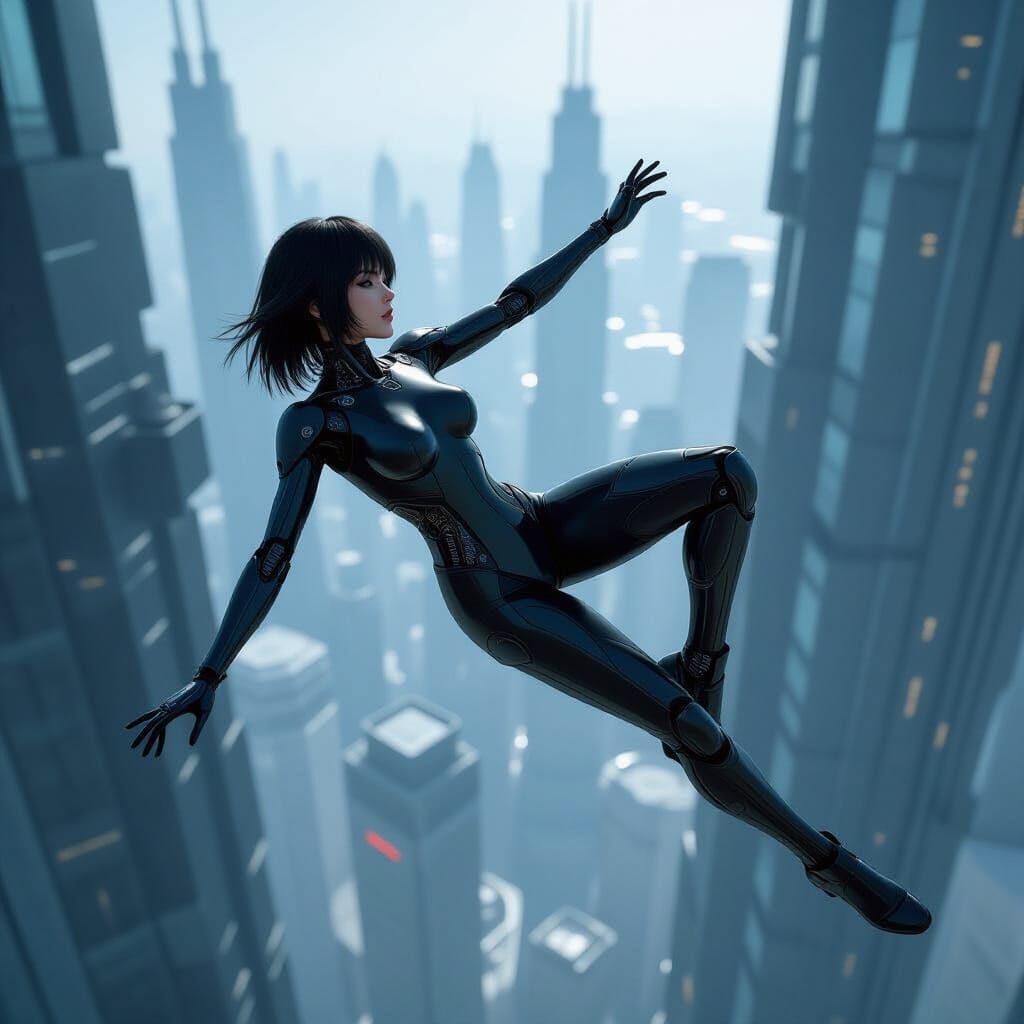 Female Cyborg Falling from Skyscraper in 3D Anime Style
