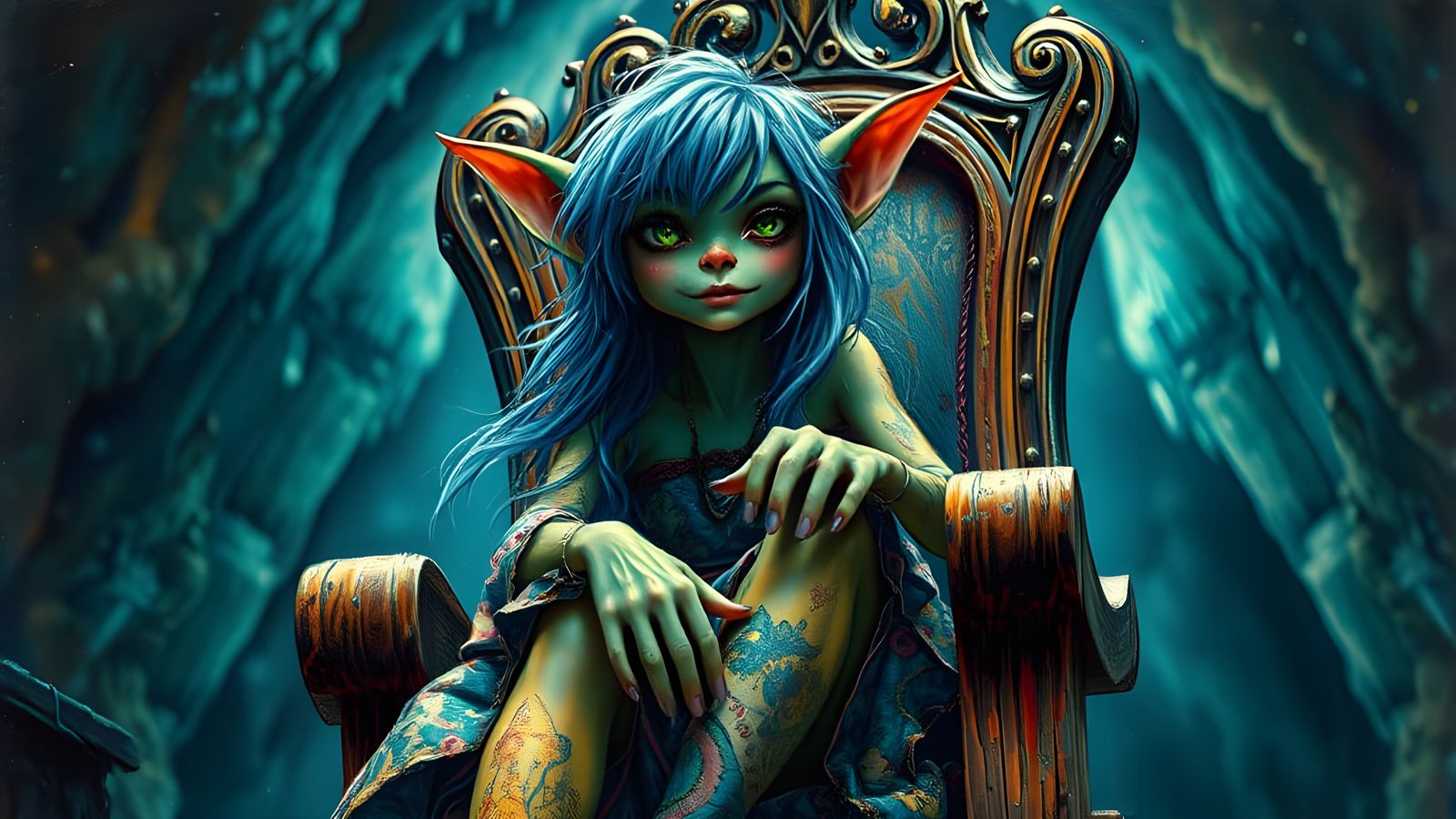 Surreal Punk Fantasy Queen Sits on Throne in Bokeh Cave