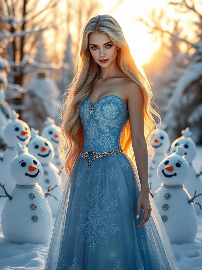 Snow Queen in Winter Glade with Snowmen