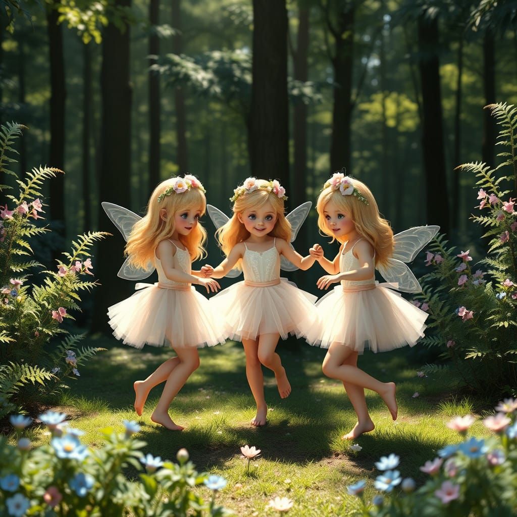 Whimsical Fairy Sisters Dance in a Sun-Dappled Forest