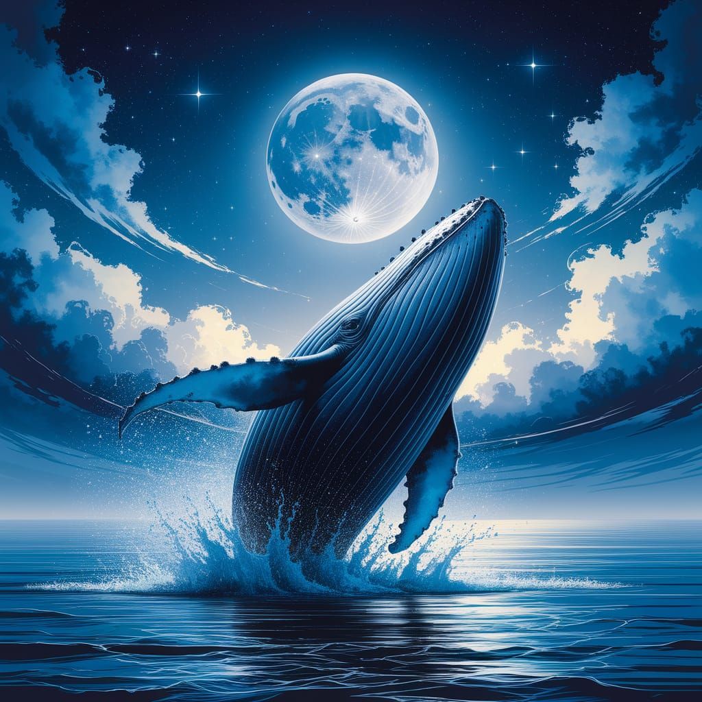 Majestic Whale Under Full Moon in Dreamy Watercolour