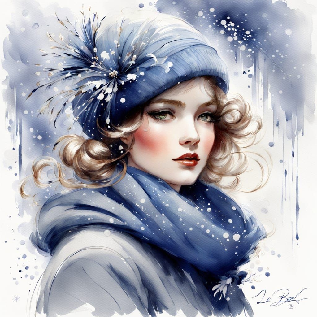 Winter Beauty Art with Indigo Accents in Pencil Style