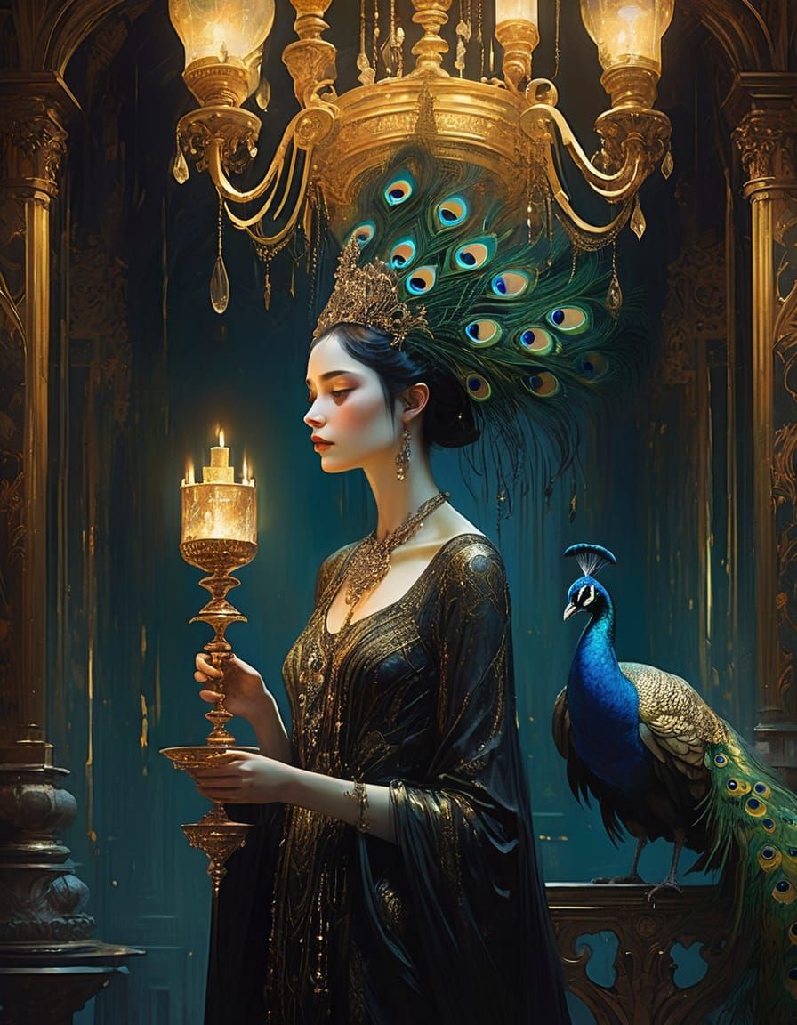 Elegant Woman with Peacock in Opulent Ballroom