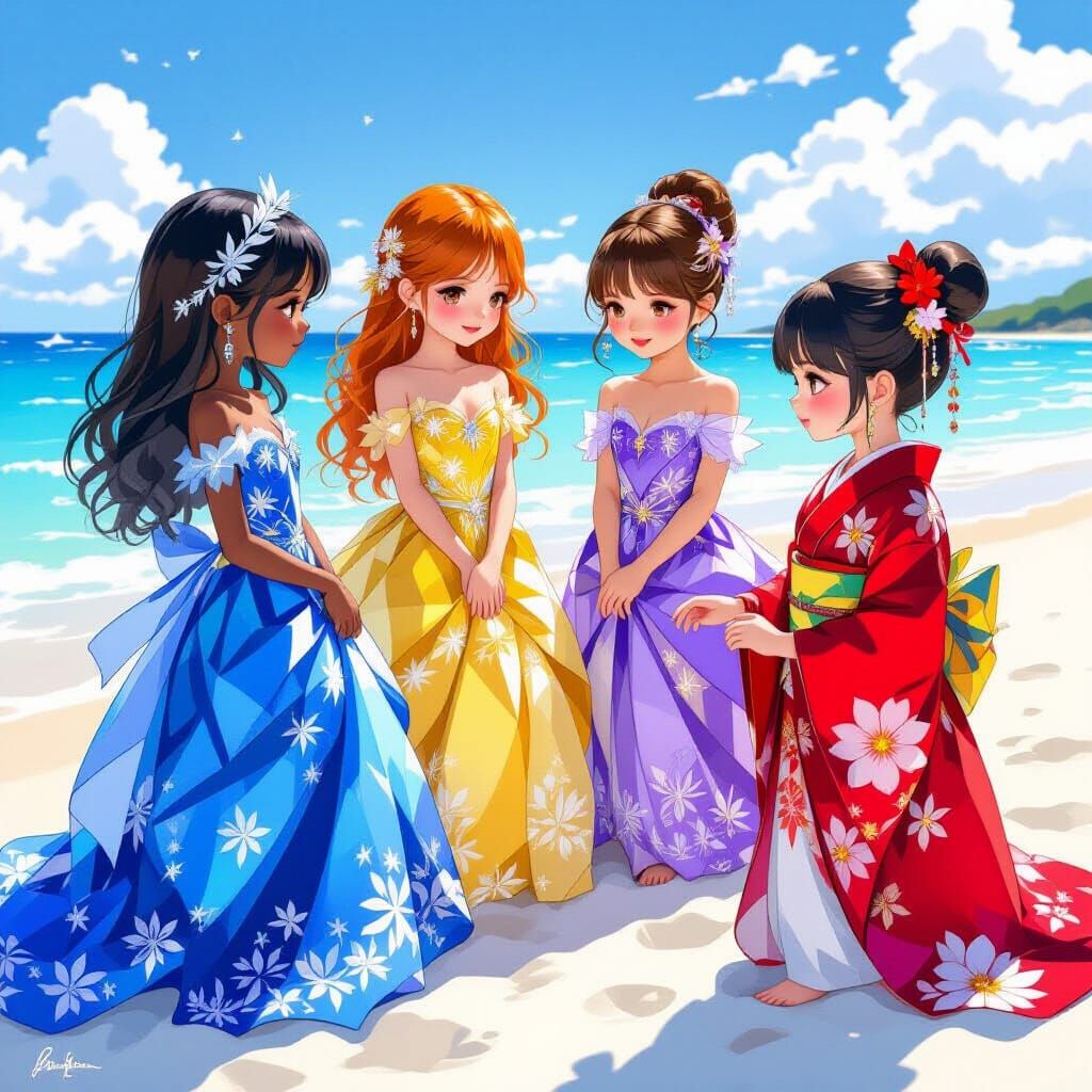 Girls in Crystal Dresses Play on Sunny Beach in Surreal Styl...