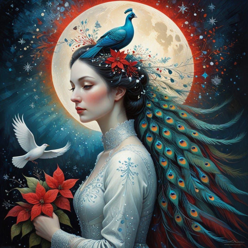 Ethereal Goddess with Peacock Hair and Celestial Ornaments