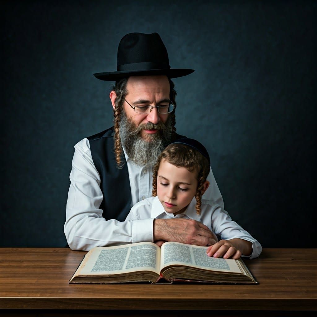 Hasidic Father and Son Studying in Muted Tones