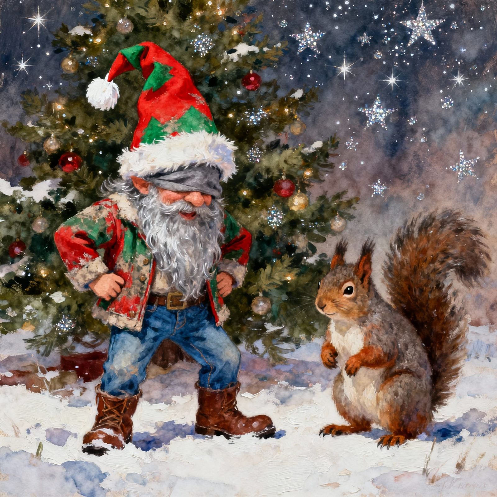Mischievous Gnome and Squirrel by Christmas Tree
