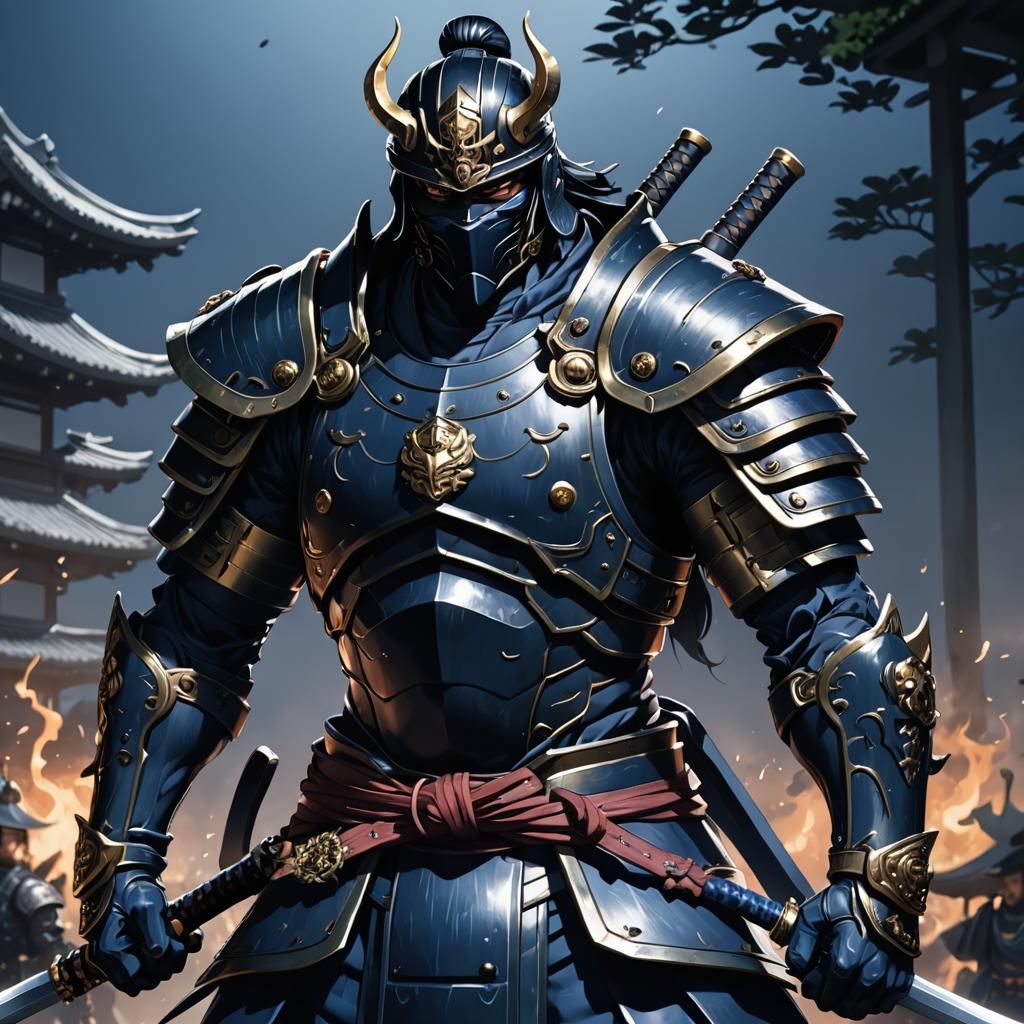 Black Samurai in Navy Armor: Anime Style