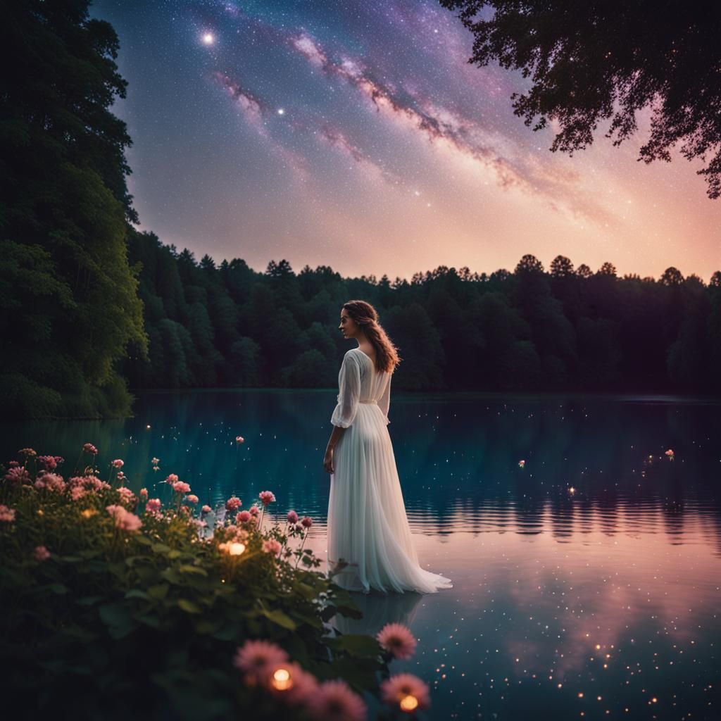 Serene Woman by Lake at Night