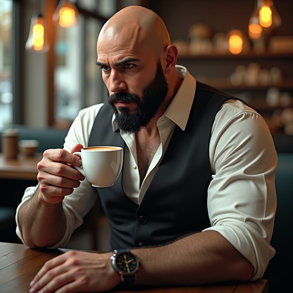 Muscular Man Drinking Coffee, Hyperdetailed Portrait