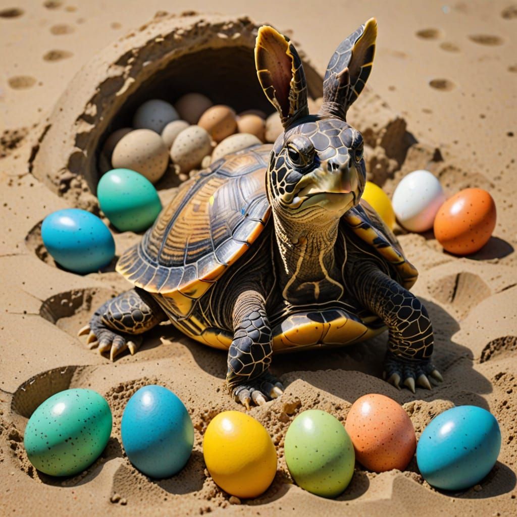 Turtle Guards Easter Eggs in Desert Oasis