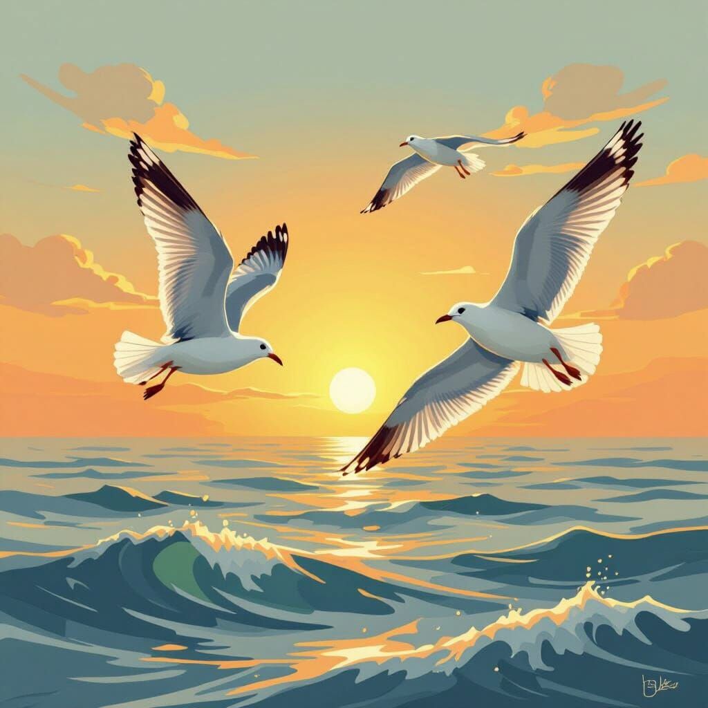 Seagulls Flying Over Ocean at Sunset