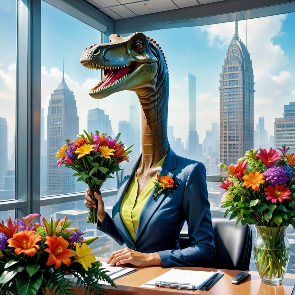 Diplodocus Delivers Flowers to Office Secretary