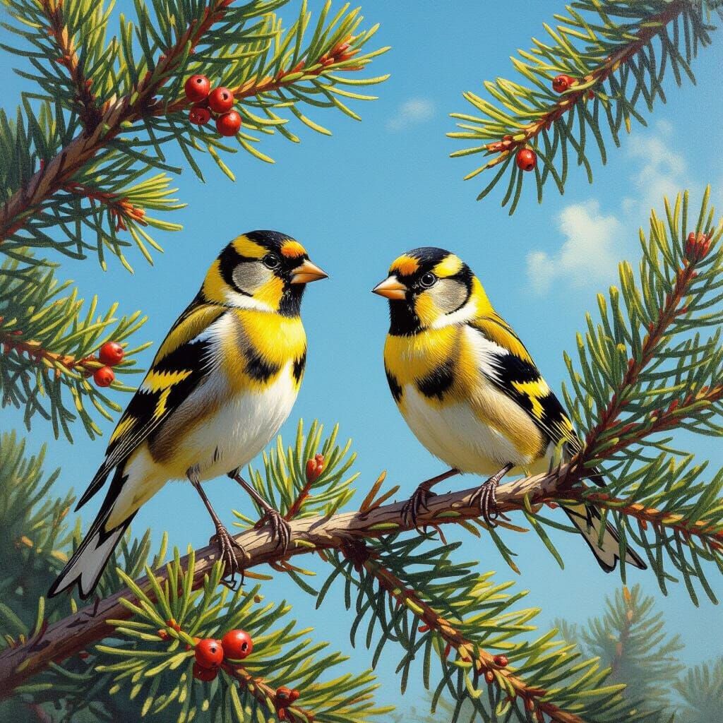 Goldfinches on Pine Tree Under Blue Sky Oil Painting