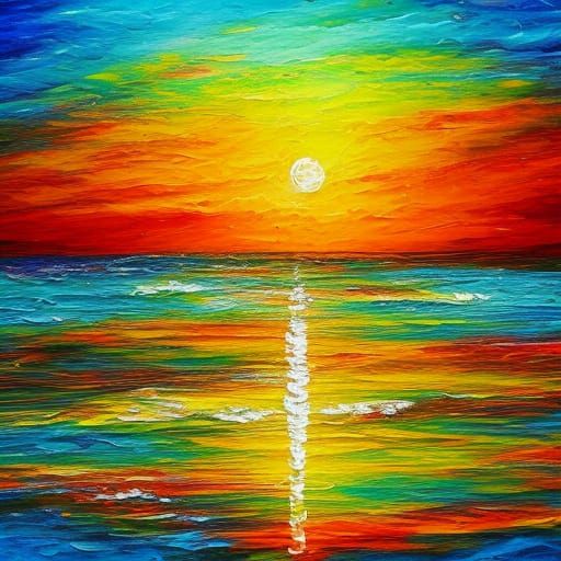 Colorful Expressionist River Scene as Impasto Painting