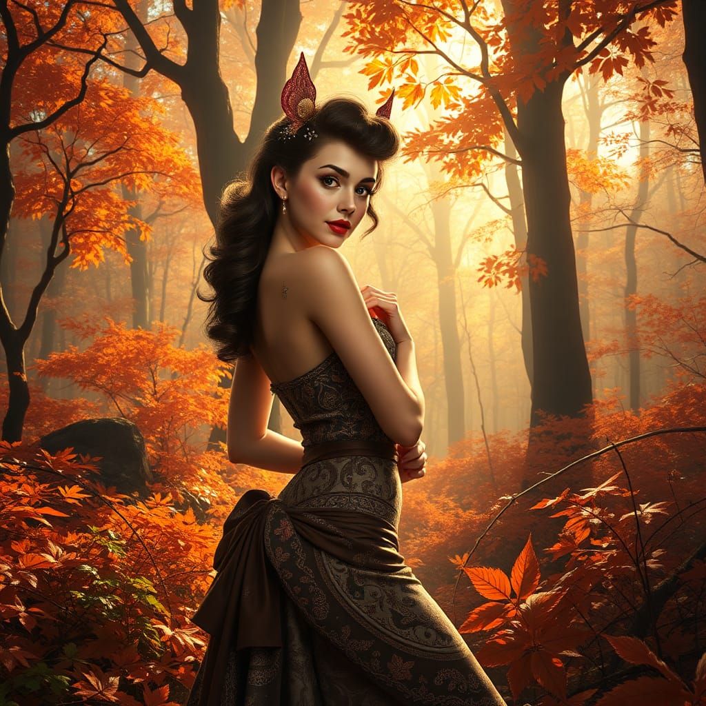 1950s Pinup Girl in Autumn Forest, Digital Matte Painting