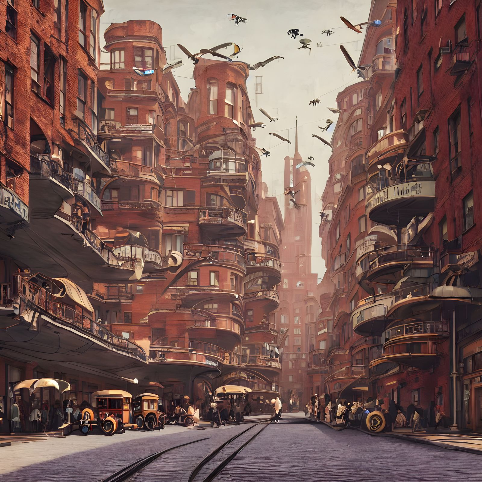 A photo illustration street view in a decopunk city with 1920s stylistic architecture. 1920s futuristic flying cars and ...