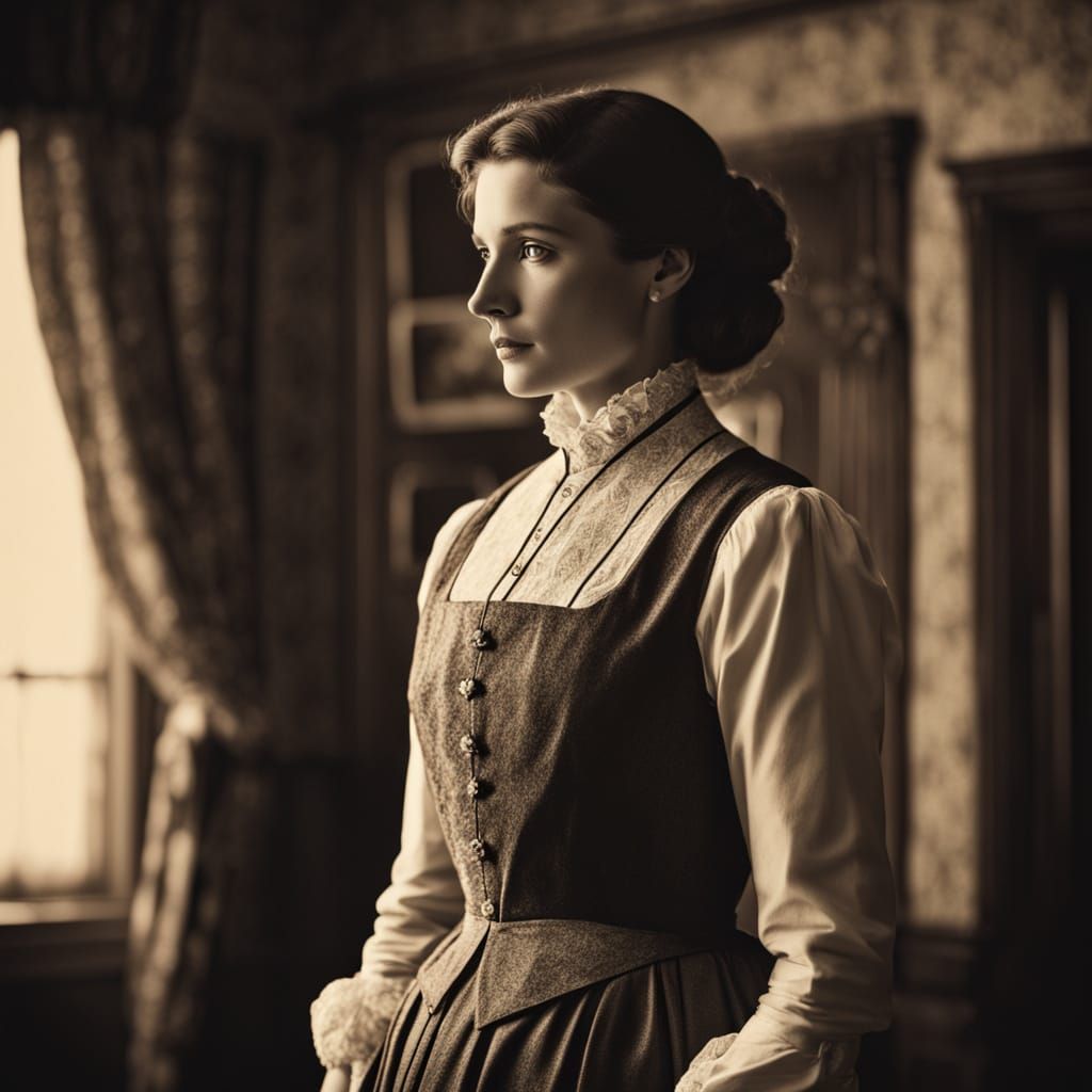 Classic Portrait of a 19th Century Housekeeper in Elegant Se...