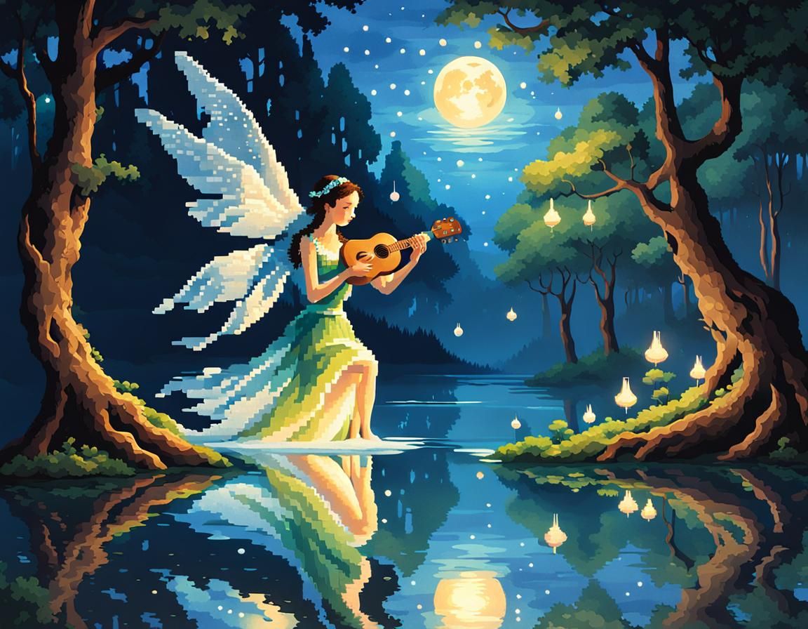 Pixelated Fairy Playing Ukulele in Magical Forest
