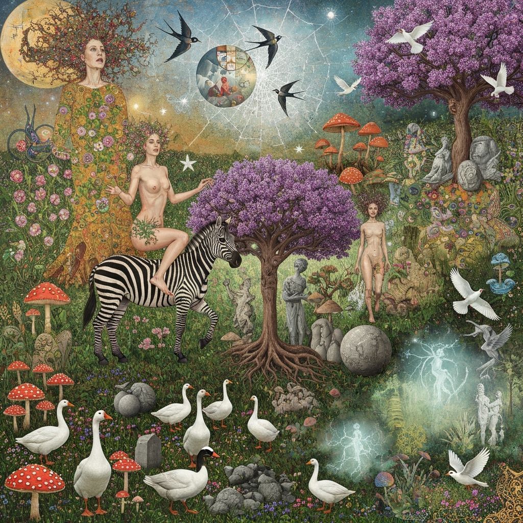 Goddess of Life Rides Zebra Through Surreal Cosmic Garden