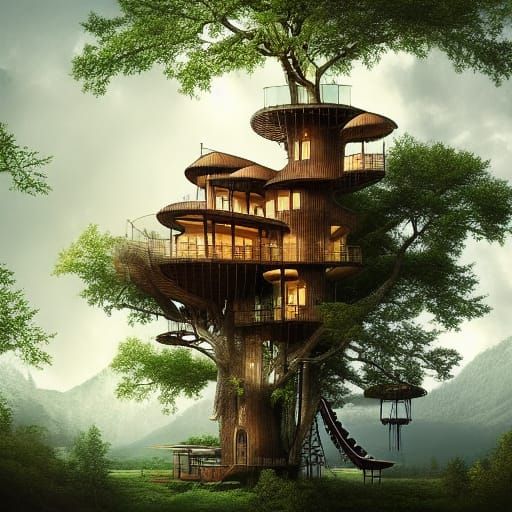 Luxury Treehouse with Ethereal Aura: Digital Matte Painting
