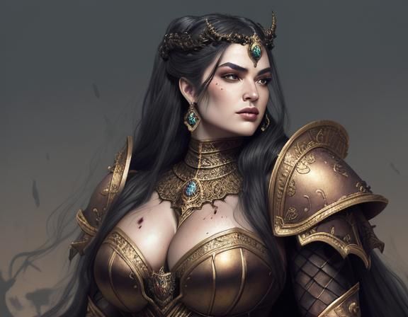 Dark fantasy illustration. Close-up portrait. A Warhammer 40k Battle Sister, adorned in Pirenses Peach armor, poses in a...