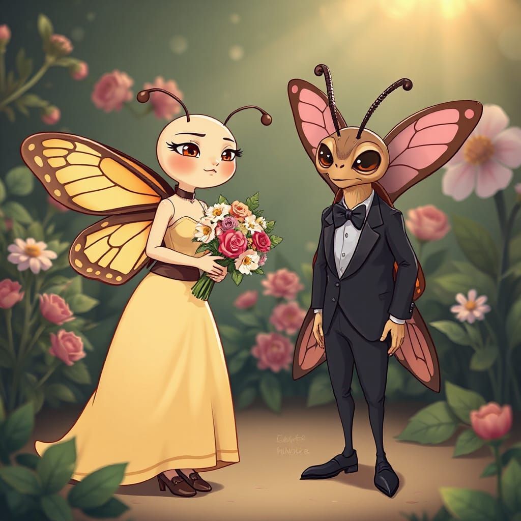 Romantic Butterfly and Moth in Garden, Cartoon Style