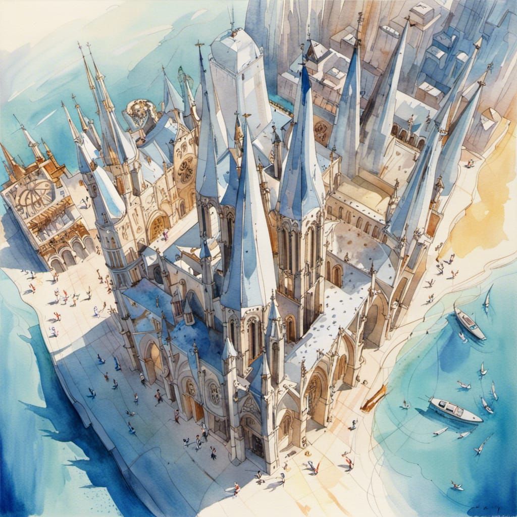 Futuristic Gothic Cathedral Surrounded by Sea