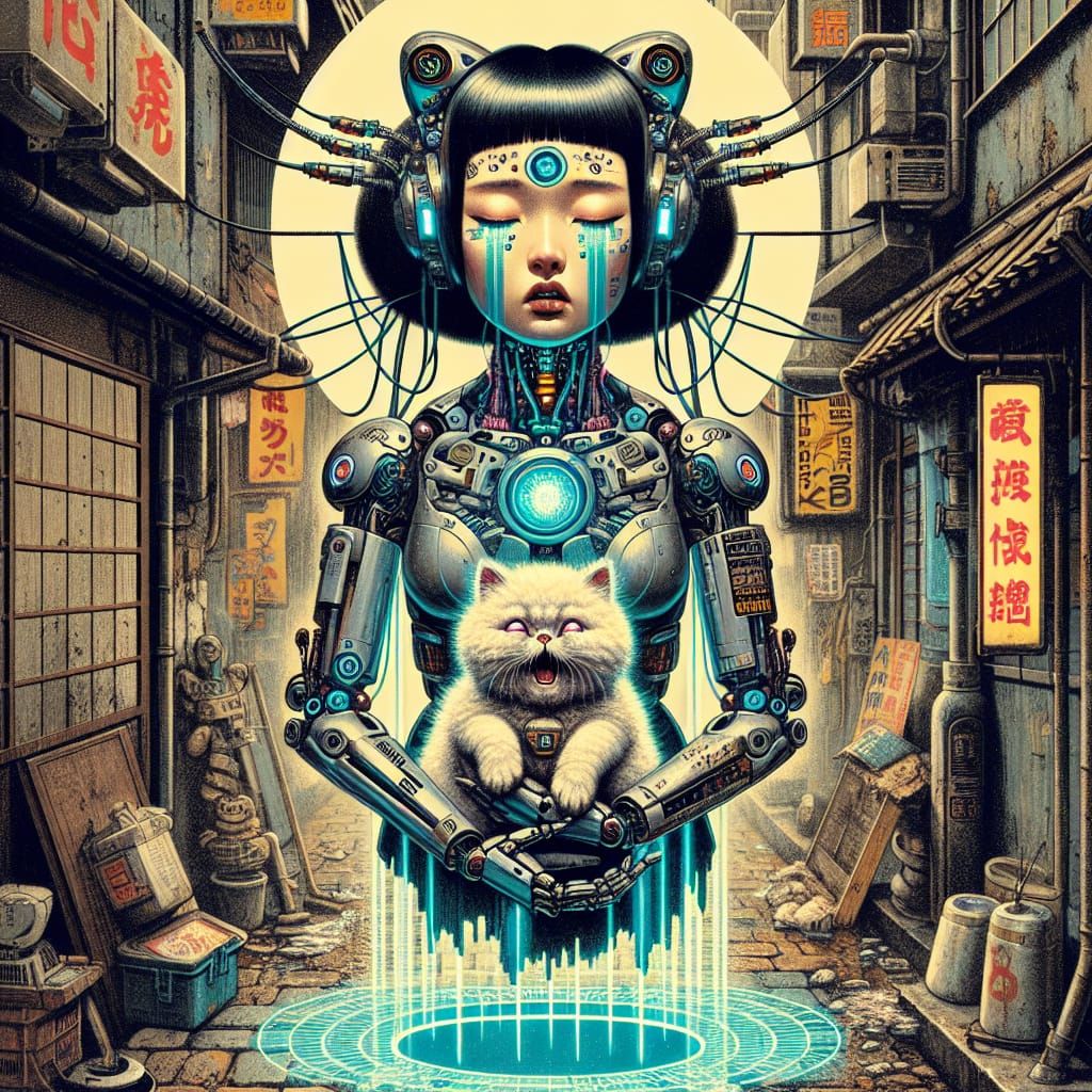 Cyberpunk Girl with Kitten: Retro Japanese Pulp Poster