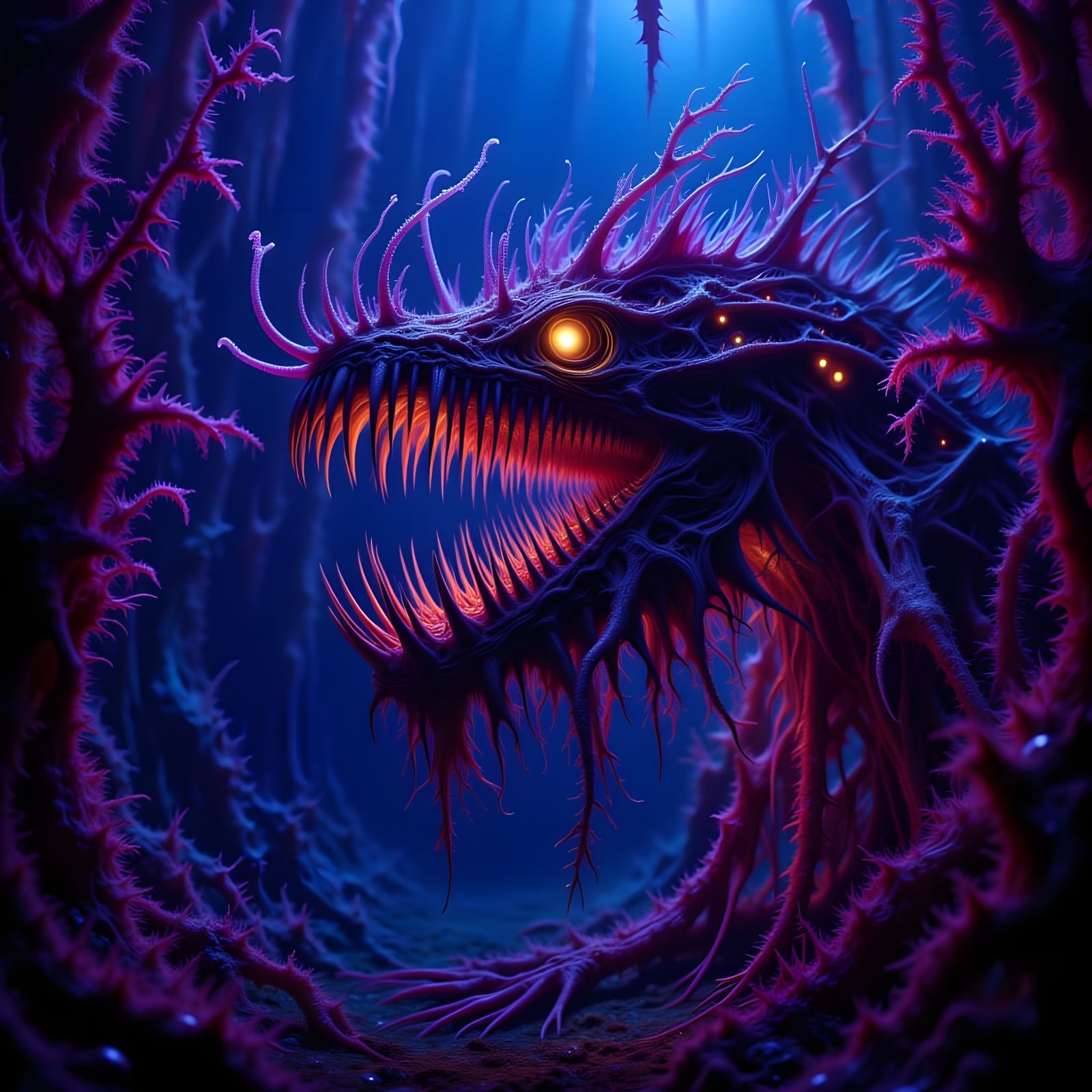 Deep Sea Monster in Dark Cave with Glowing Eyes