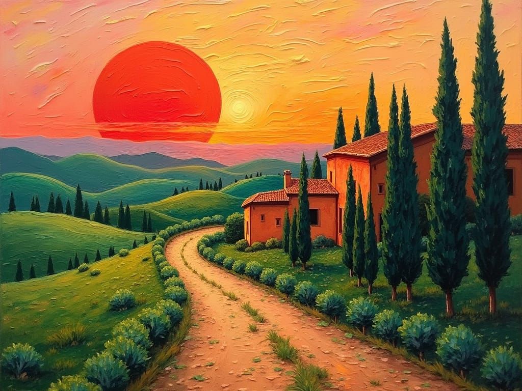 Impasto Painting of Italian Villa at Sunset