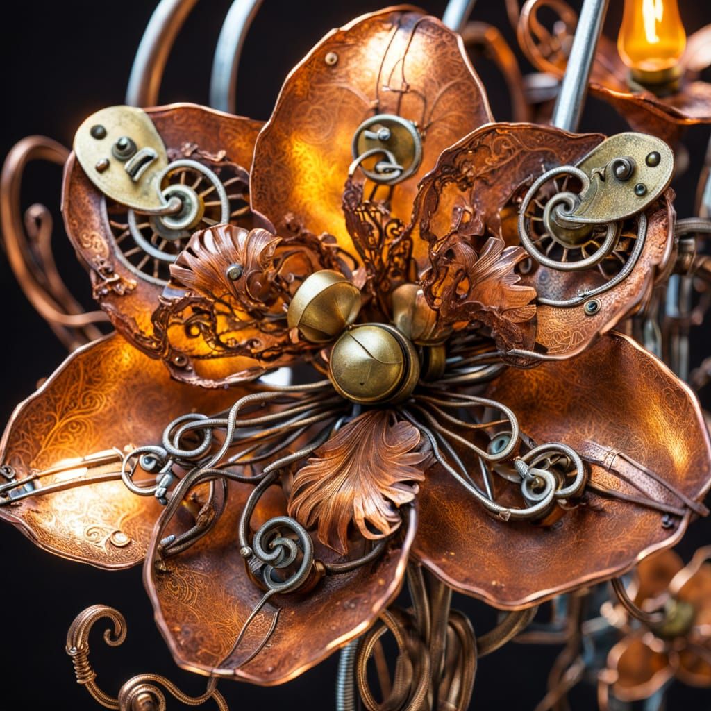 Steampunk Copper Orchid Sculpture in Victorian Style