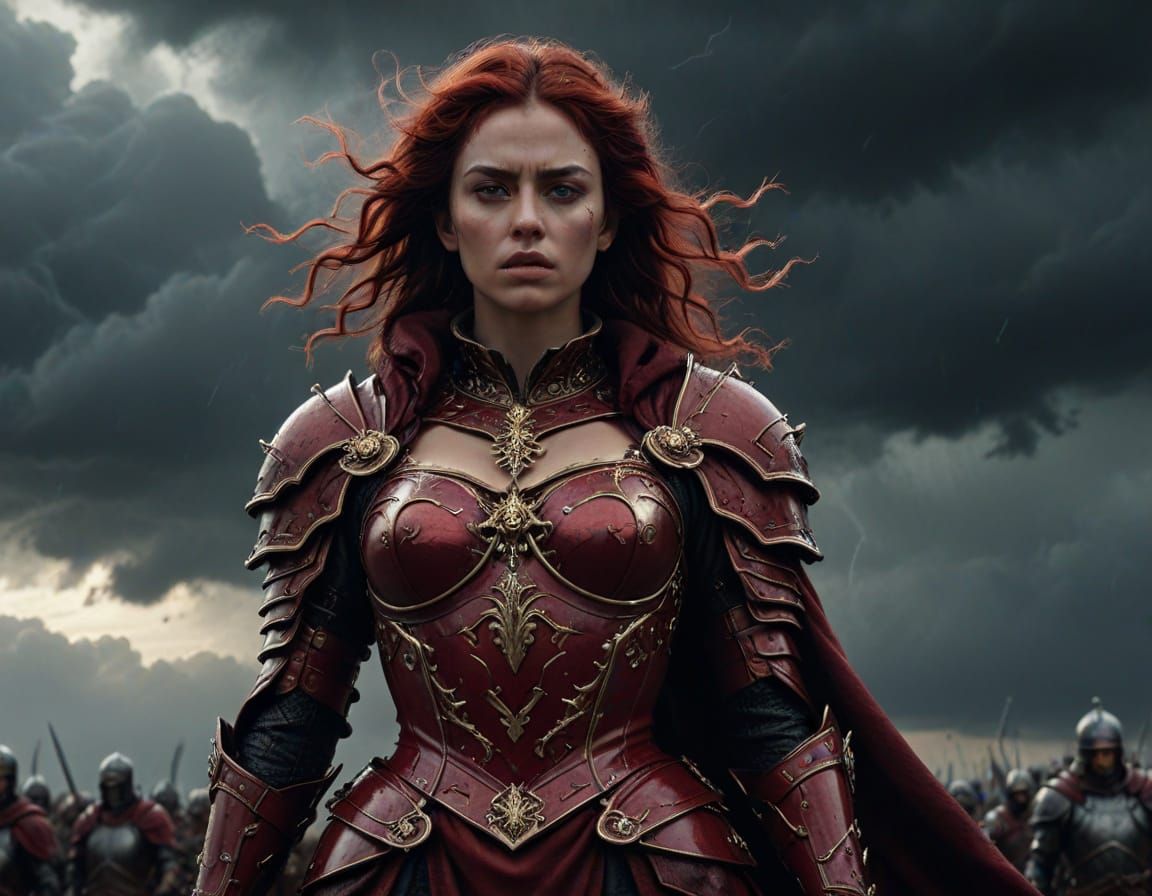 Battle-Hardened Queen in Crimson Armor Amidst Stormy Sky