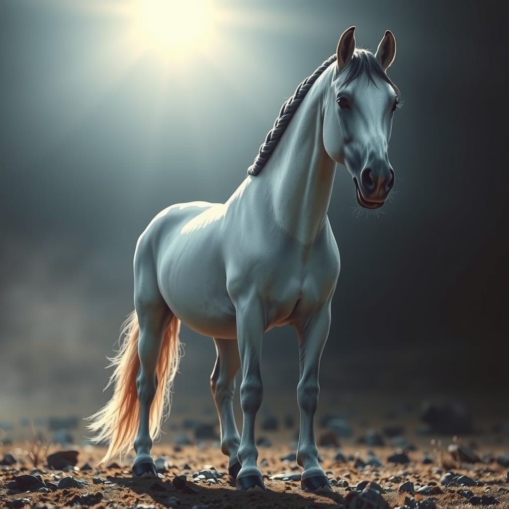 Majestic White Horse with Braided Mane in Dramatic Landscape