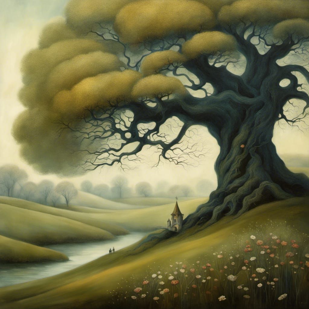 Fairytale Tree in Desolate Landscape Art