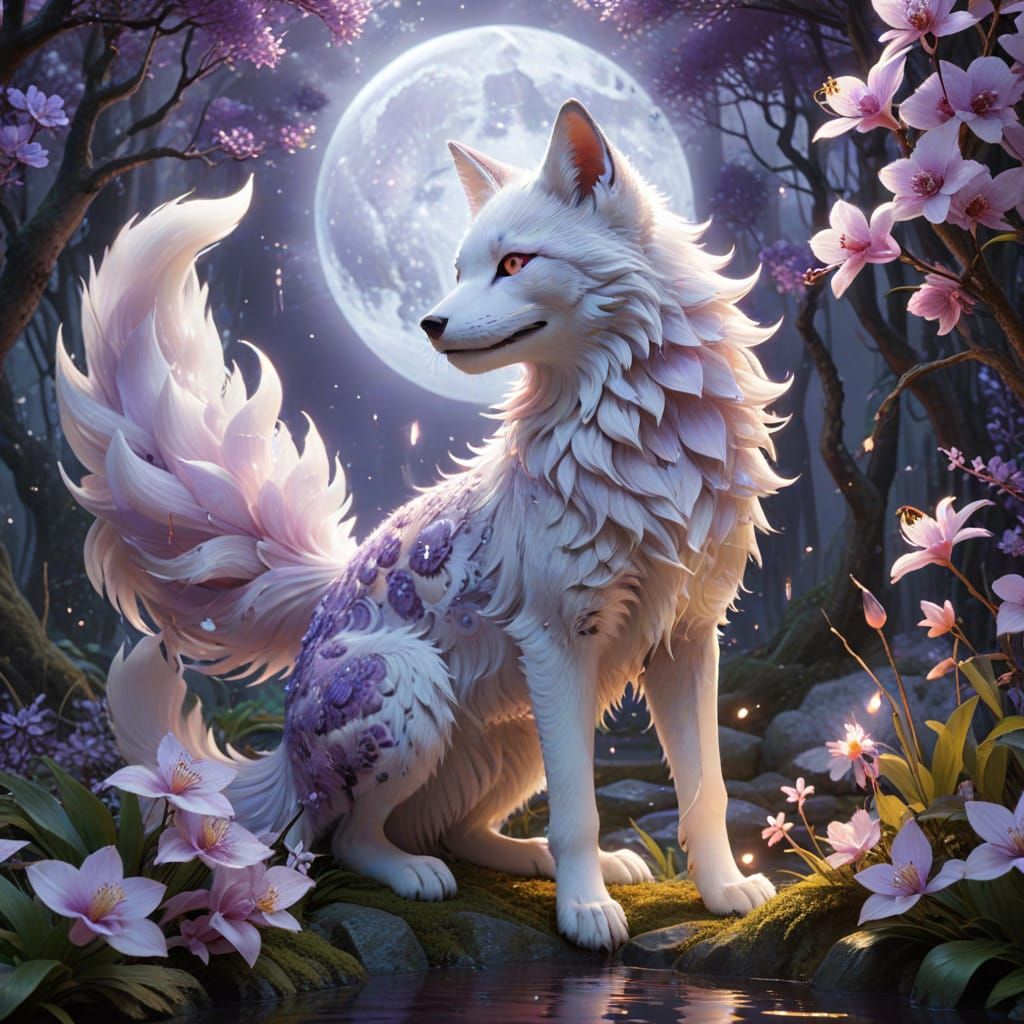 Ethereal 9-Tail Kitsune in Mystical Forest, Inspired by Stud...