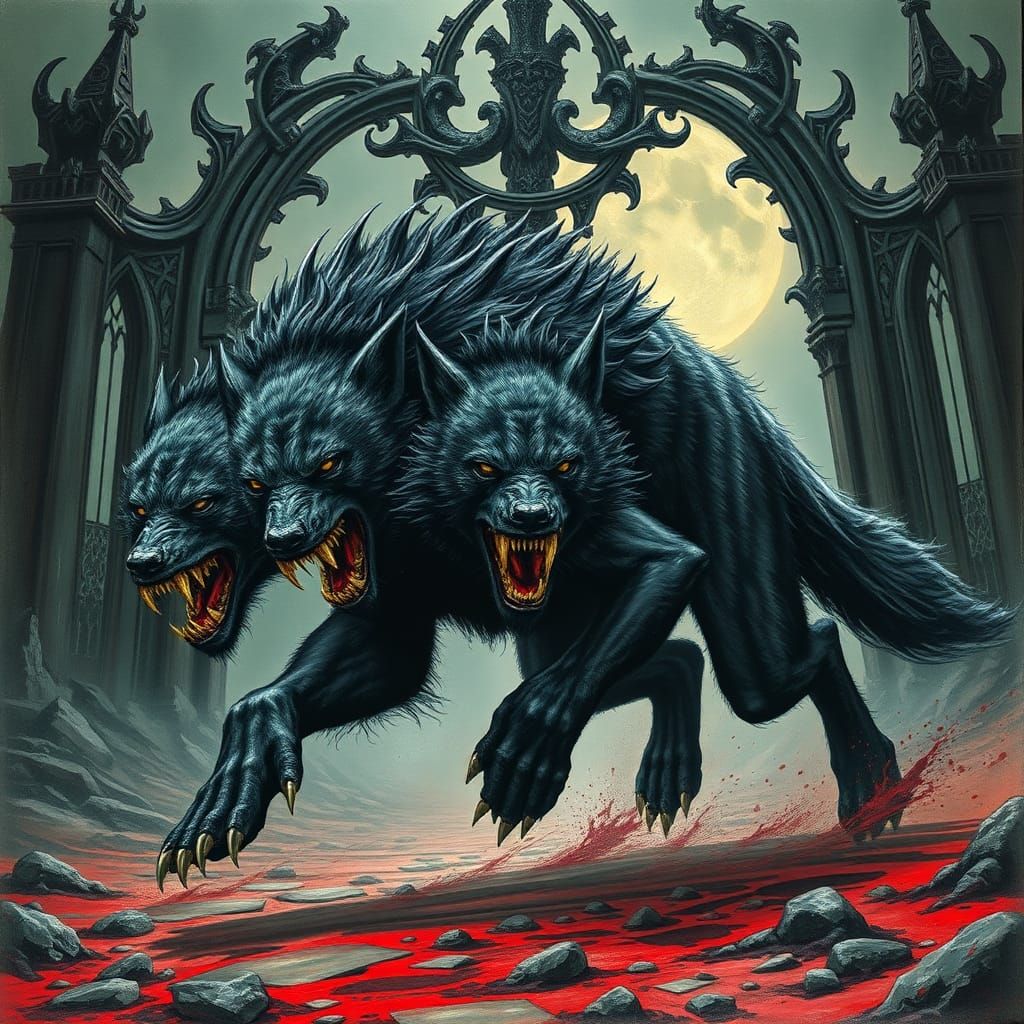 Three-Headed Dire Wolf in Hellish Landscape