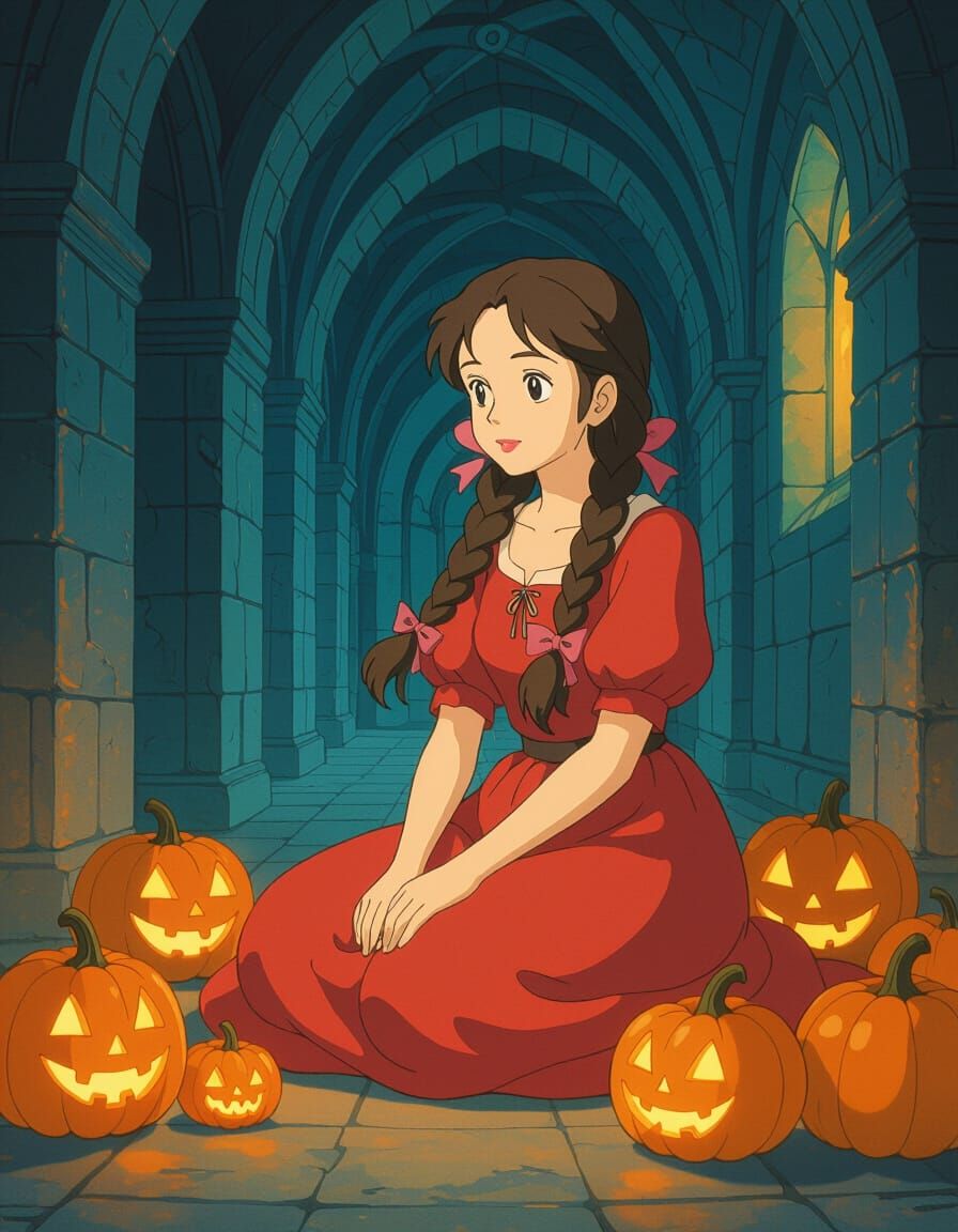 Kind Witch With Glowing Pumpkins in Gothic Hallway Anime Sty...